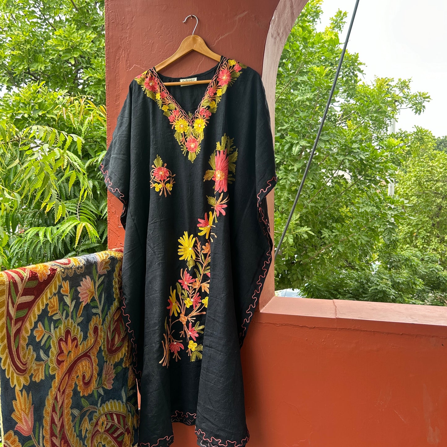 Black with Yellow Floral Kashmiri Kaftan