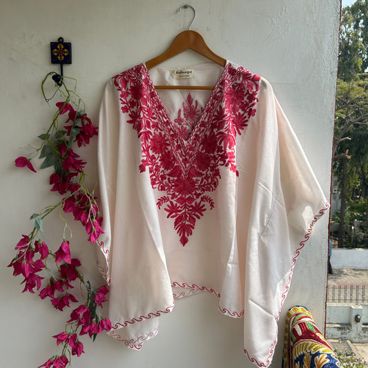 White & Pink Kashmiri Short Kaftan