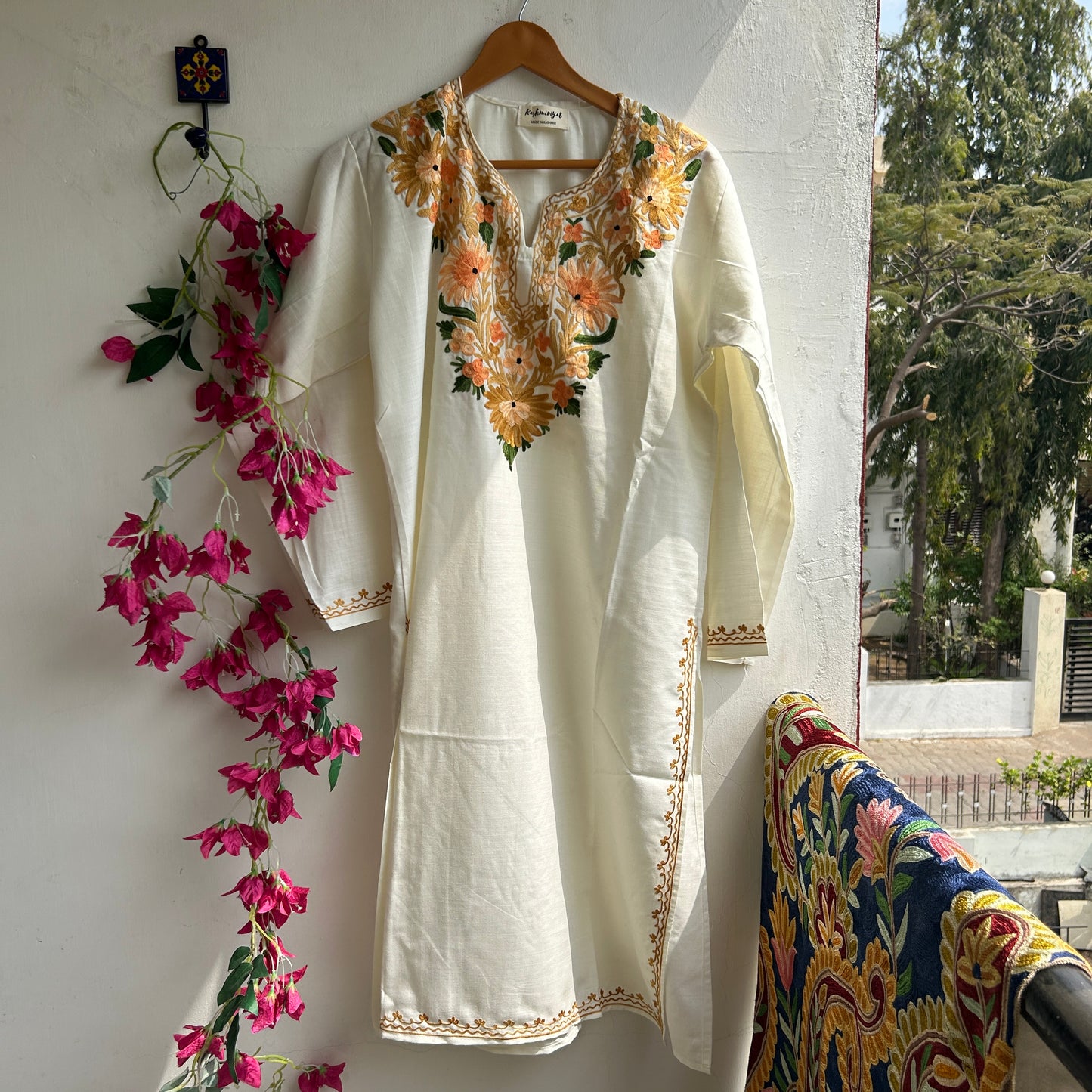 White Yellow Kashmiri Kurti