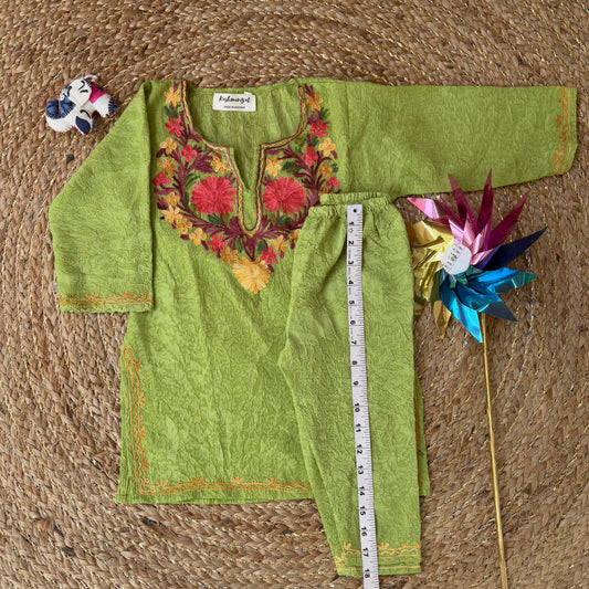 Green Kashmiri Kids Kurti Set (2-3y)