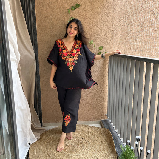 Black Short Cotton Kaftan Co-ord Set
