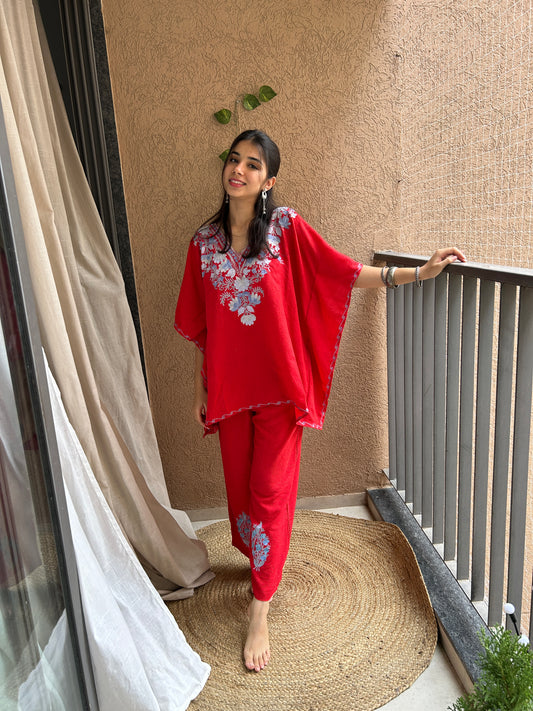 Red Short Cotton Kaftan Co-ord Set