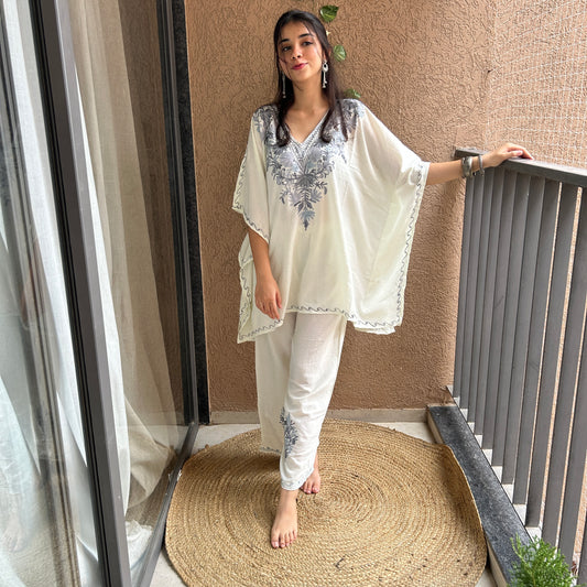 White Short Cotton Kaftan Co-ord Set