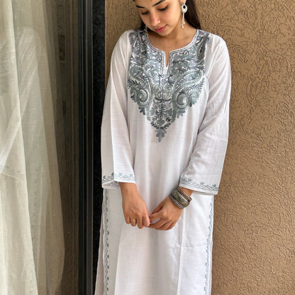 White and Grey Cotton Kashmiri Kurti (Size 42)