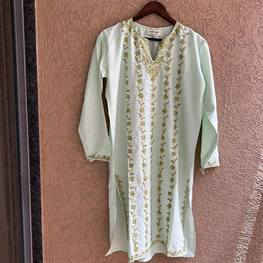 Pastel Green Cotton Kashmiri Kurti (Size 44)
