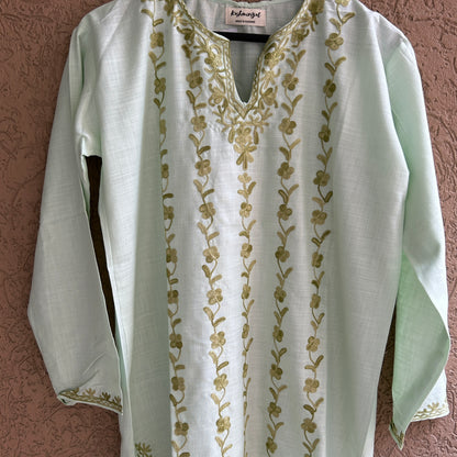 Pastel Green Cotton Kashmiri Kurti (Size 44)