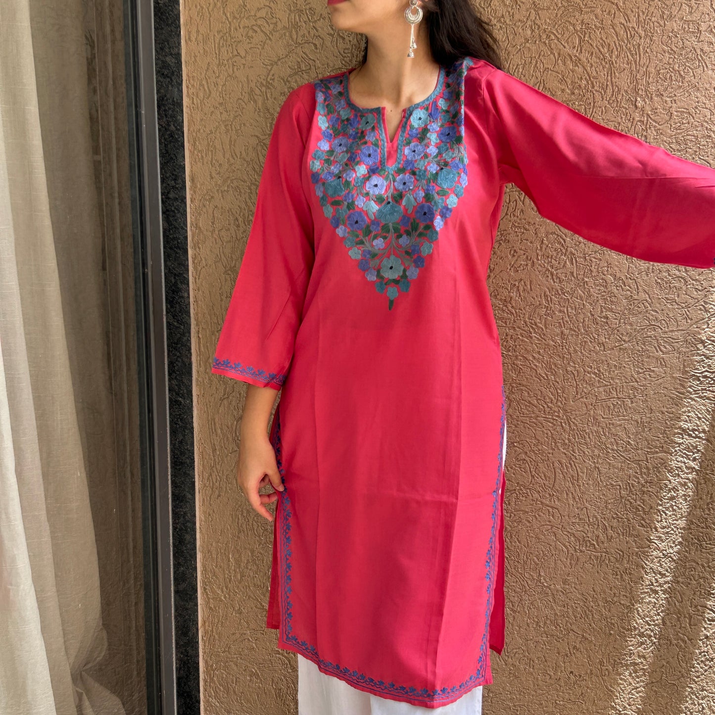 Pink & Blue Cotton Kashmiri Kurti (Size 42)