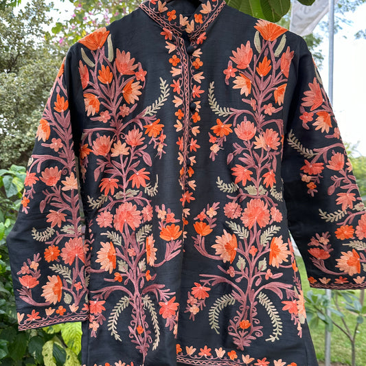 Black-Orange Full Embroidery Silk Jacket