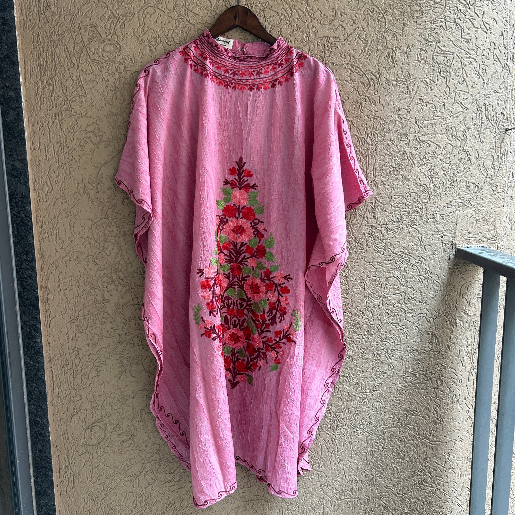 Pink Cotton Kashmiri Kaftan with Collar hover