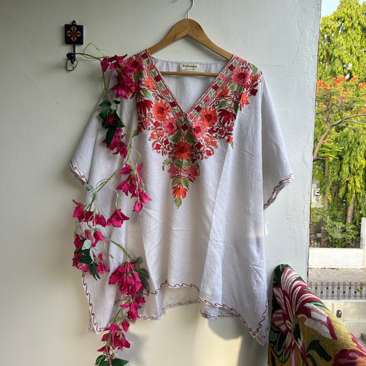 White Floral Kashmiri Short Kaftan Top