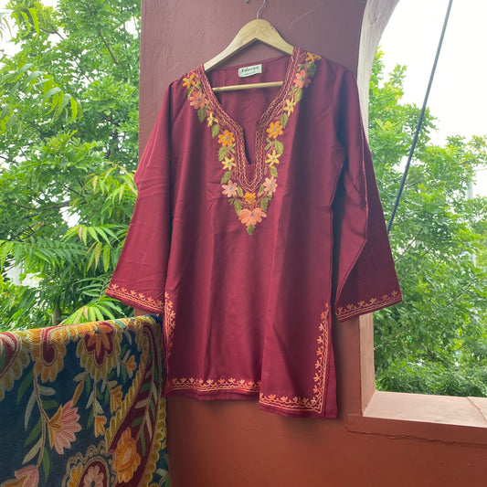 Maroon Floral Short Kashmiri Kurti (Size 40)