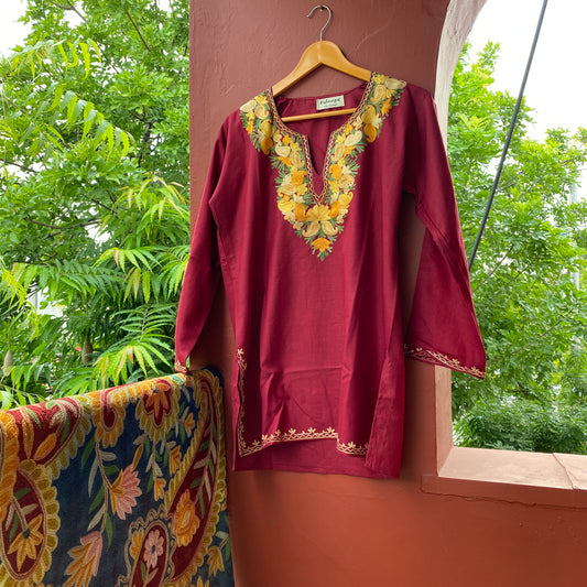 Maroon Yellow Short Kashmiri Kurti (Size 40)