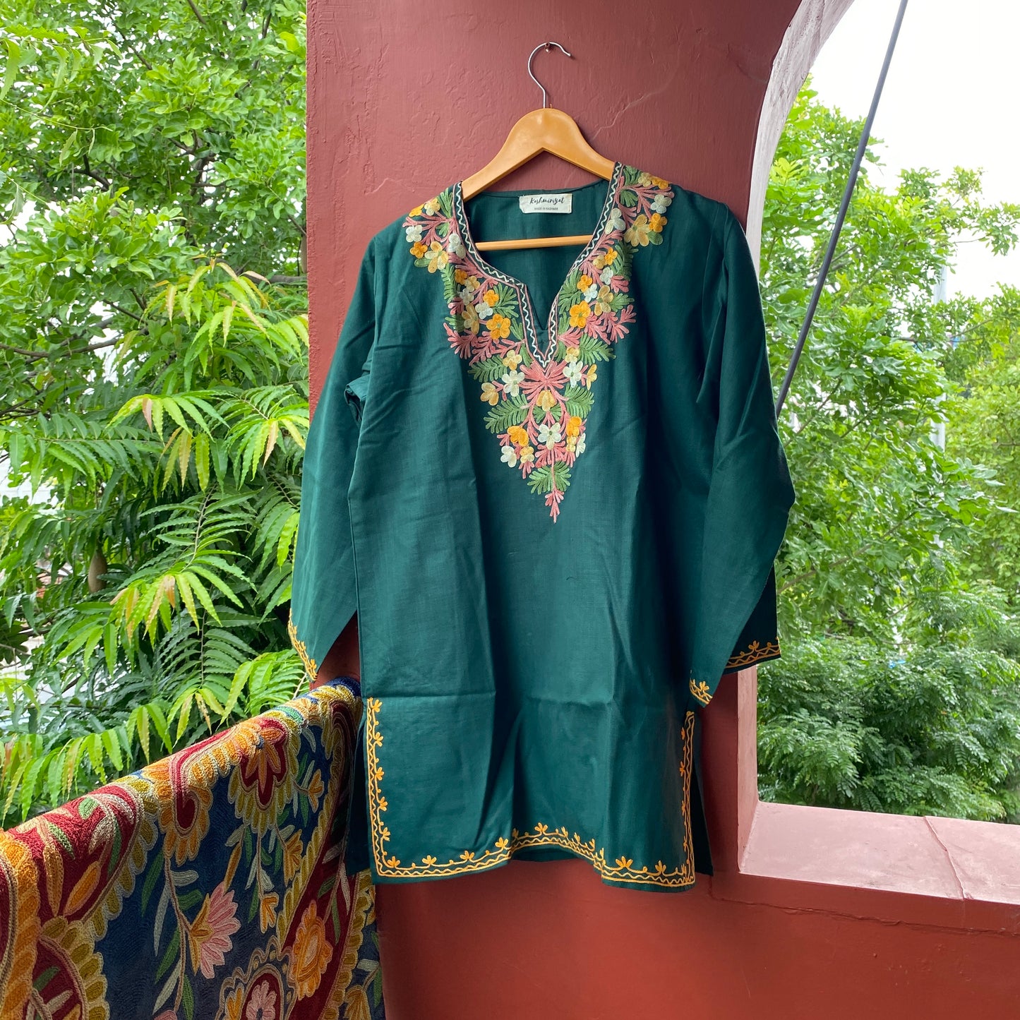 Green Mustard Short Kashmiri Kurti (Size 44)