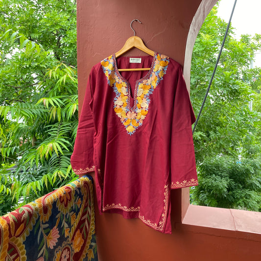 Maroon and Blue Short Kashmiri Kurti (Size 44)