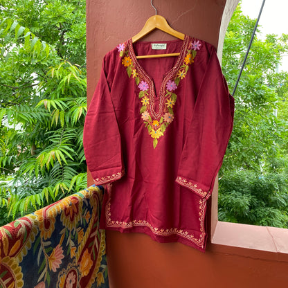 Maroon and Orange Short Kashmiri Kurti (Size 42)