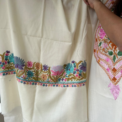 White Aari Hand Embroirered Kashmiri Shawl