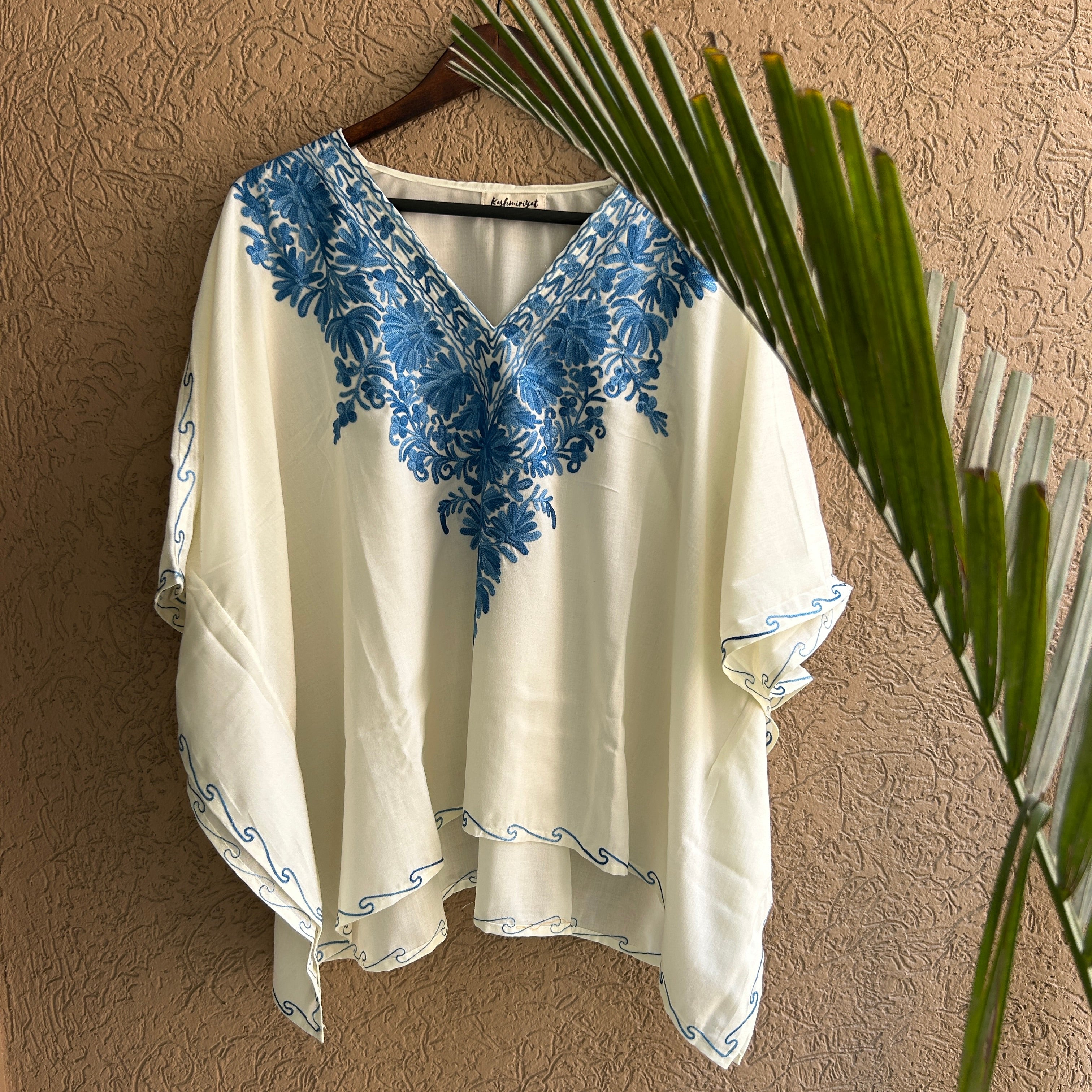 White and Blue Kashmiri Cotton Kaftan Top