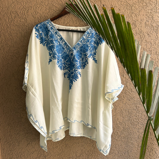 White and Blue Cotton Kaftan Top