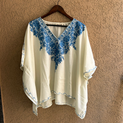White and Blue Cotton Kaftan Top