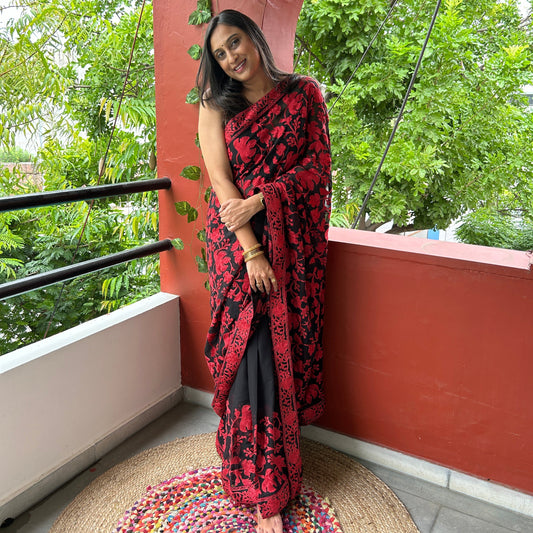 Black and Red Georgette Saree