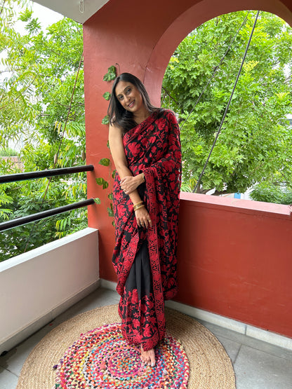 Kashmiri Black and Red Georgette Saree