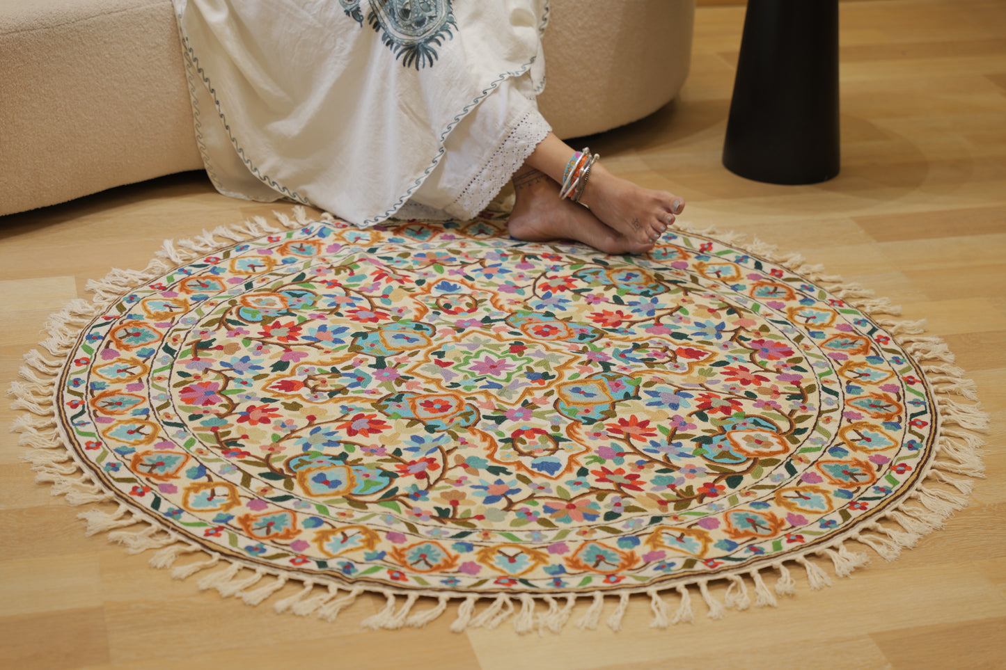 Mughal Baagh Multi Round Hand Embroidered  Chainstitch Rug