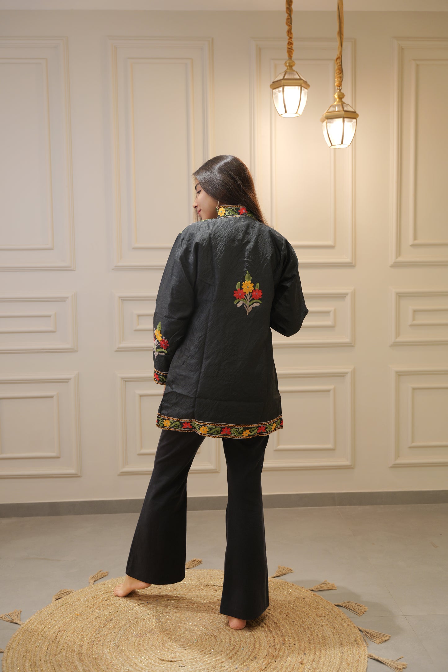 Kashmiri Black Floral Silk Jacket