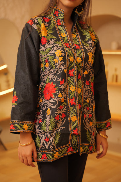 Kashmiri Black Floral Silk Jacket