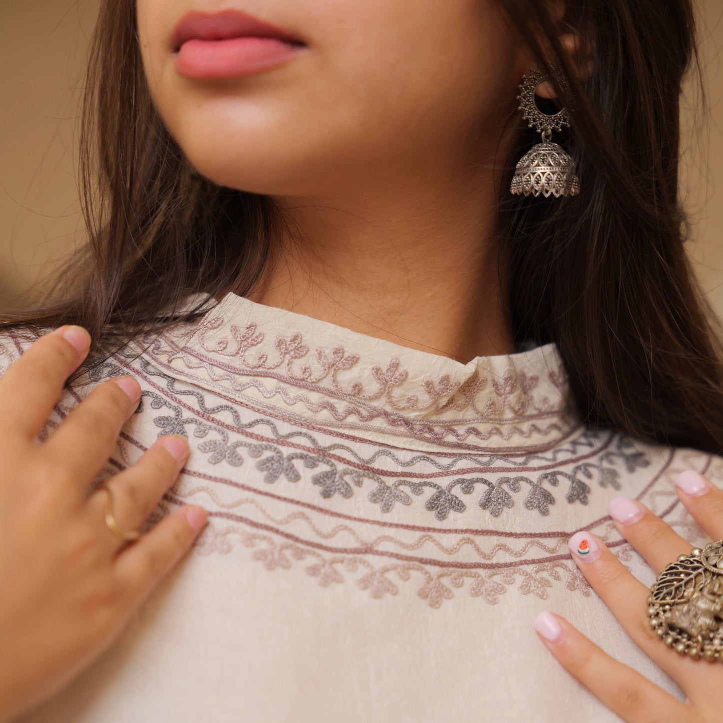 White Kashmiri White Collar Kaftan