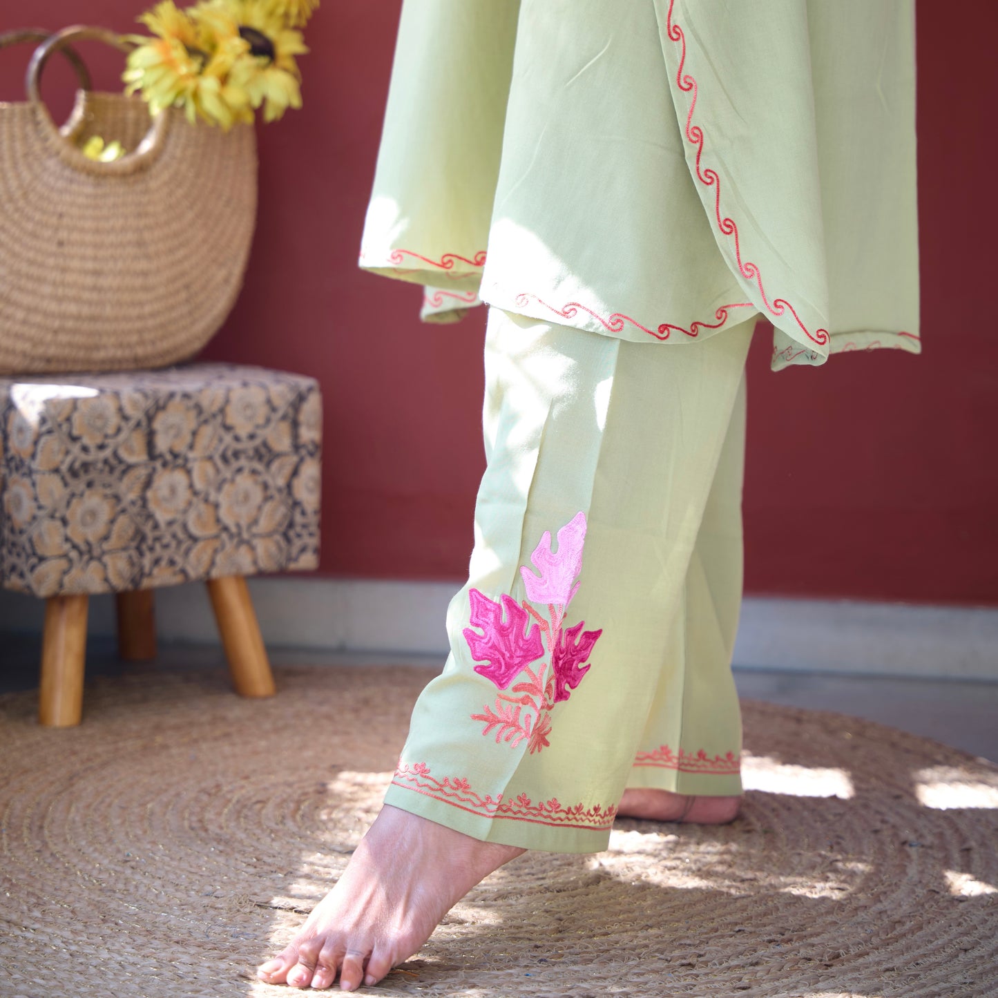 Green Kashmiri Kaftan Co-Ord Set