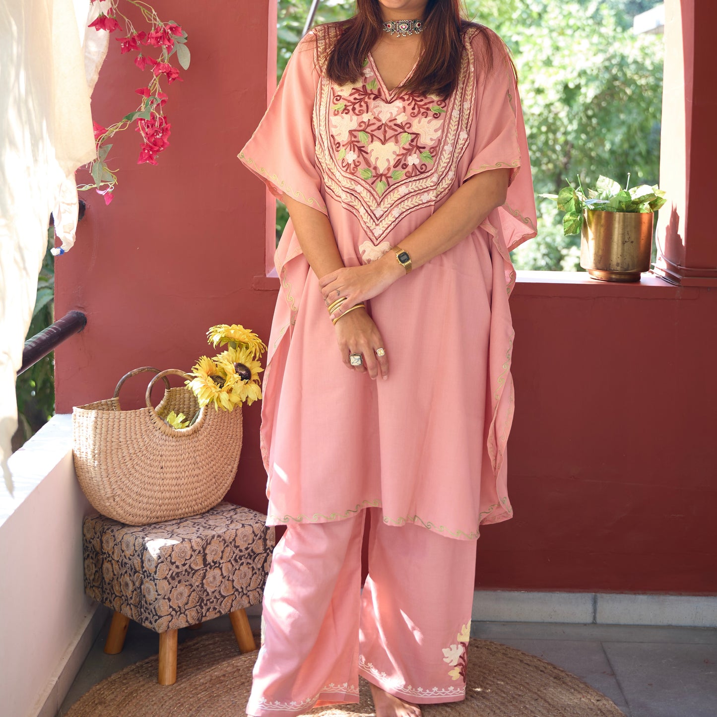 Pastel Pink Kashmiri Kaftan Co-Ord Set