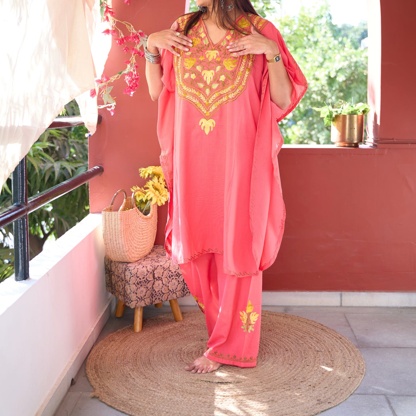 Pink Kashmiri Kaftan Co-Ord Set