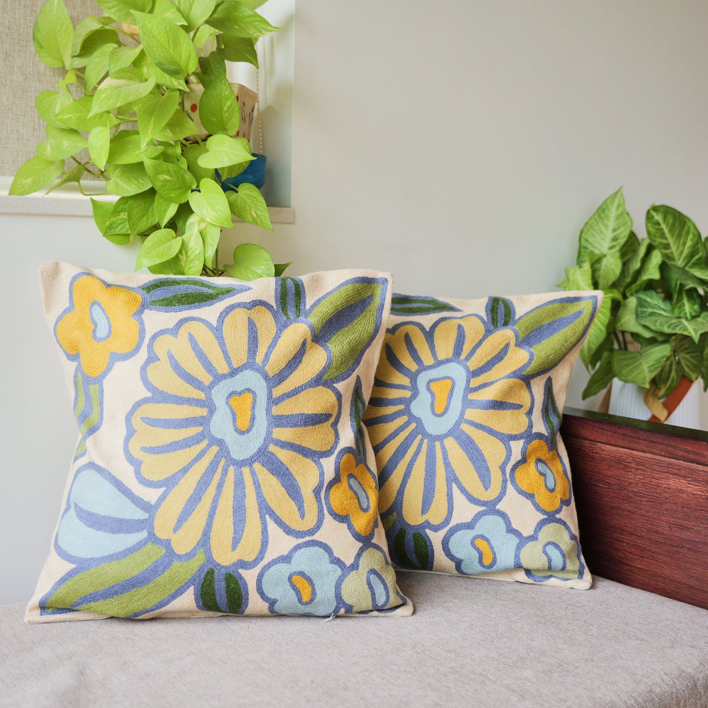 Pastel Floral Cushion Covers with Hand Embroidery (Set of 2)