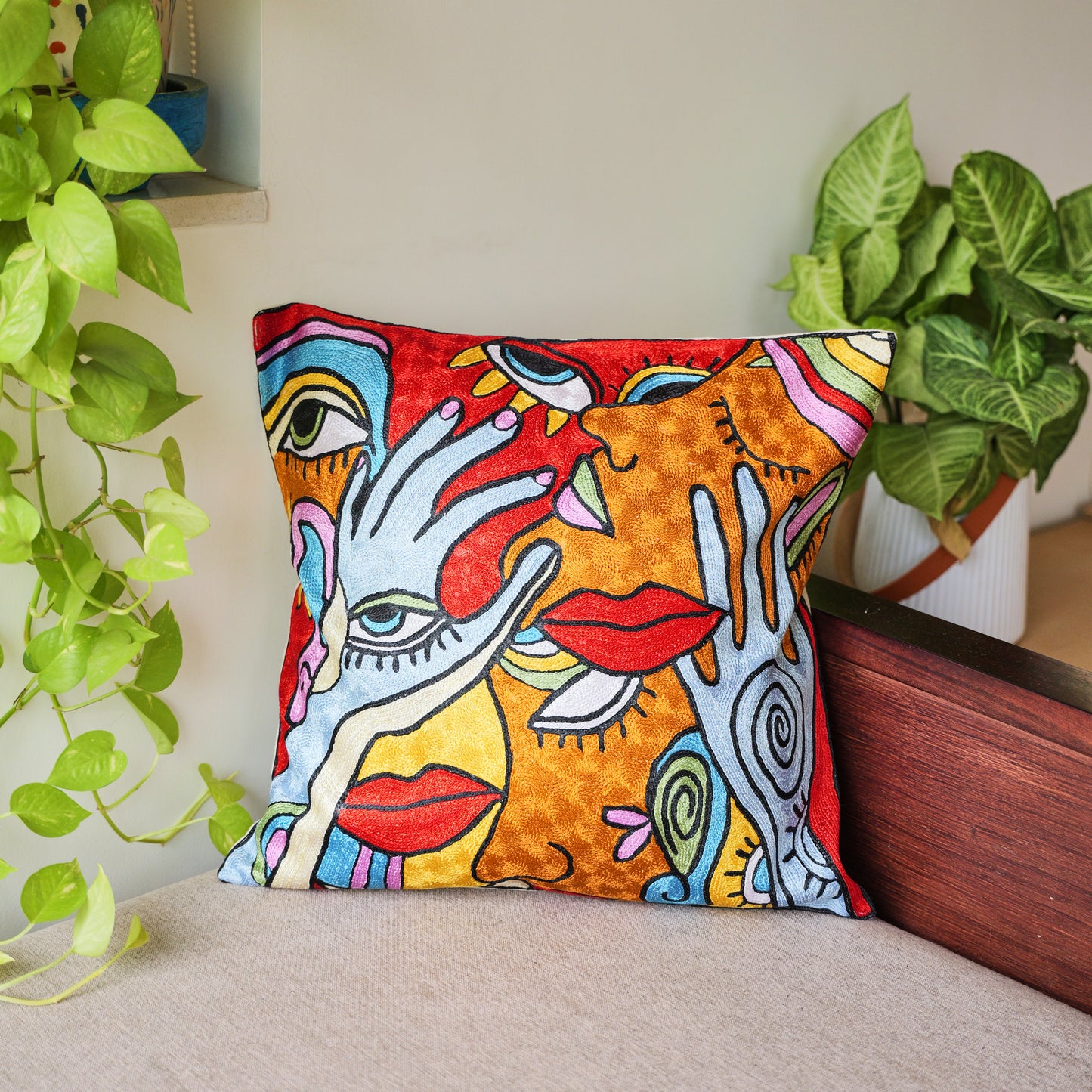 Modern Love Cushion Cover with Hand Embroidery