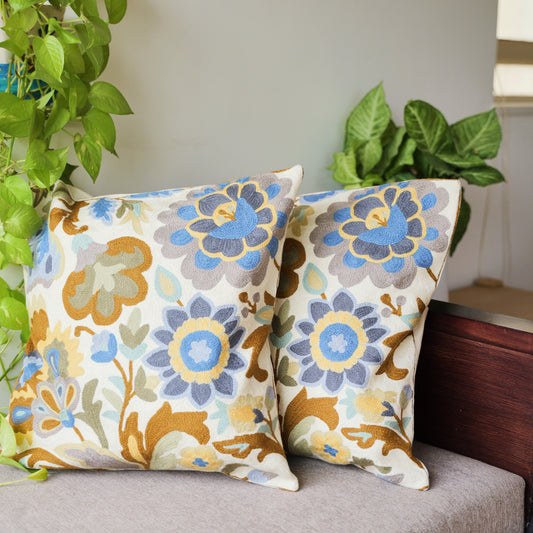 Blue Floral Cushion Covers with Hand Embroidery (Set of 2)