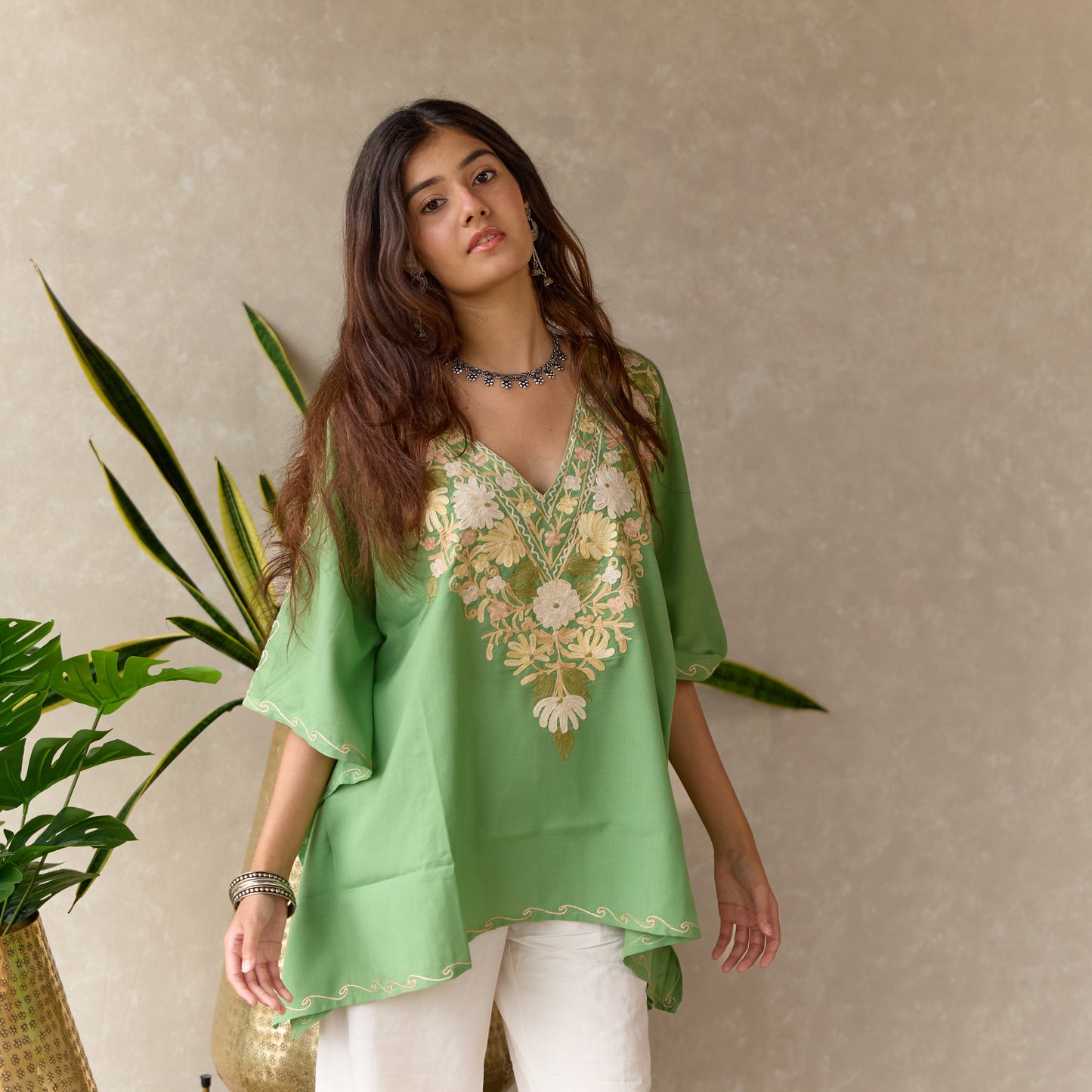 Green Floral Cotton Kaftan Top