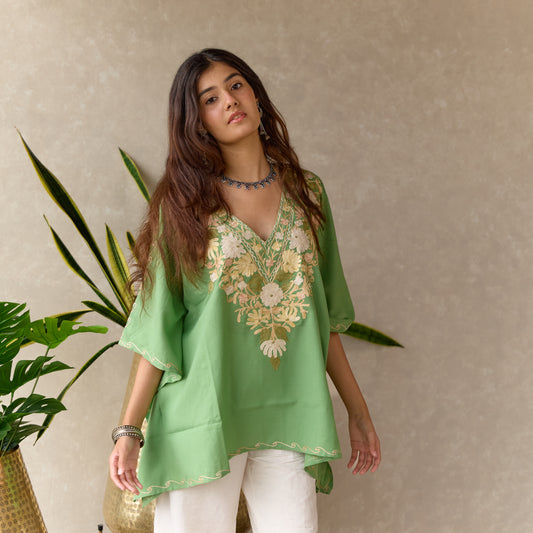 Green Floral Cotton Kaftan Top