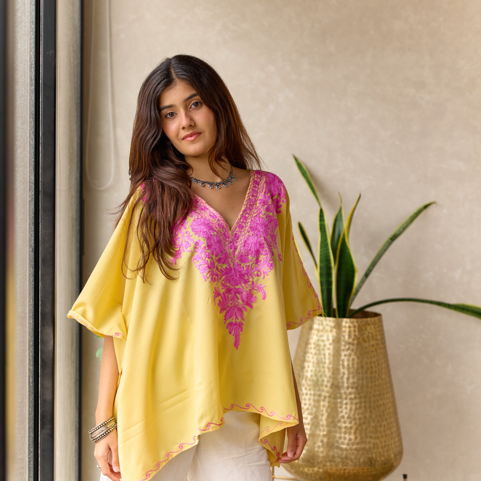 Yellow Pink Kashmiri Cotton Kaftan Top