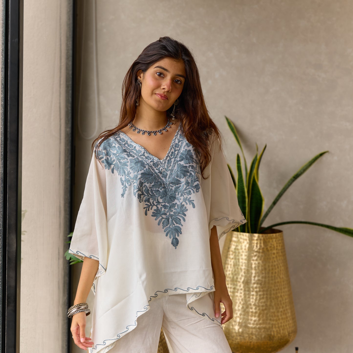 White & Grey Cotton Kaftan Top