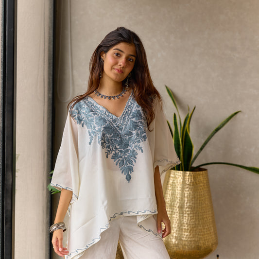 White & Grey Cotton Kaftan Top