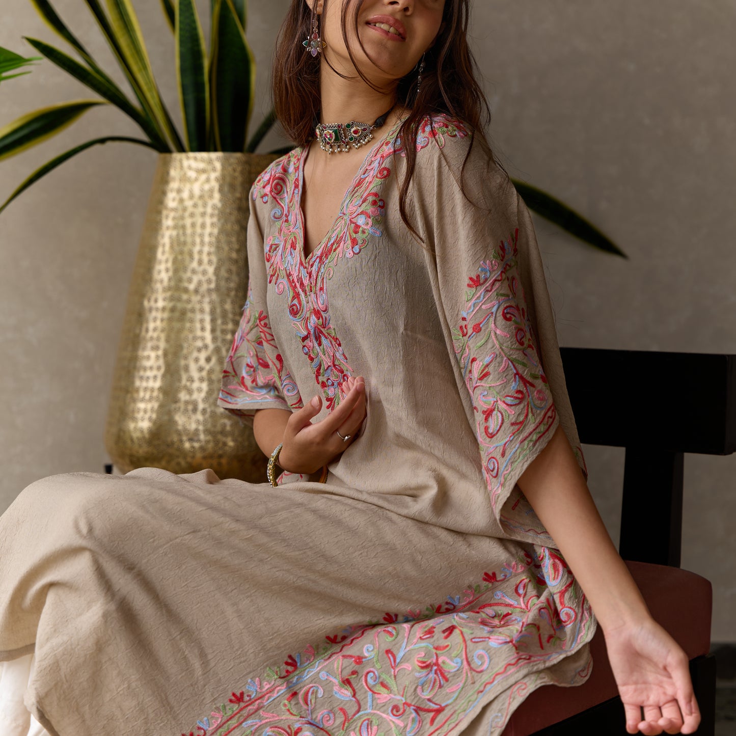 Cream Grey Moghul Kashmiri Kaftan