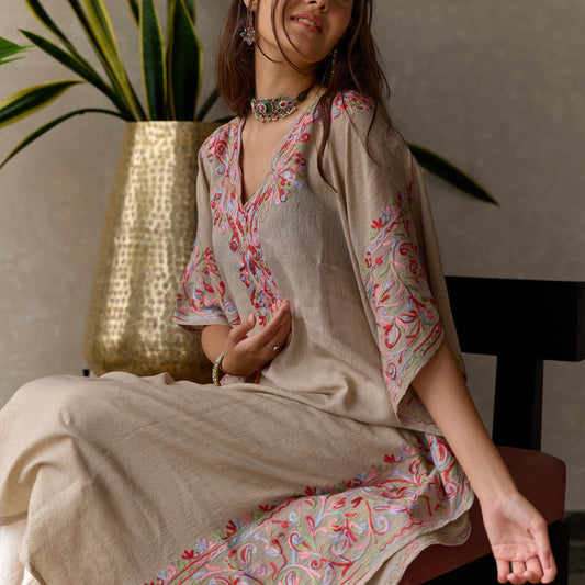 Cream Grey Moghul Kashmiri Kaftan