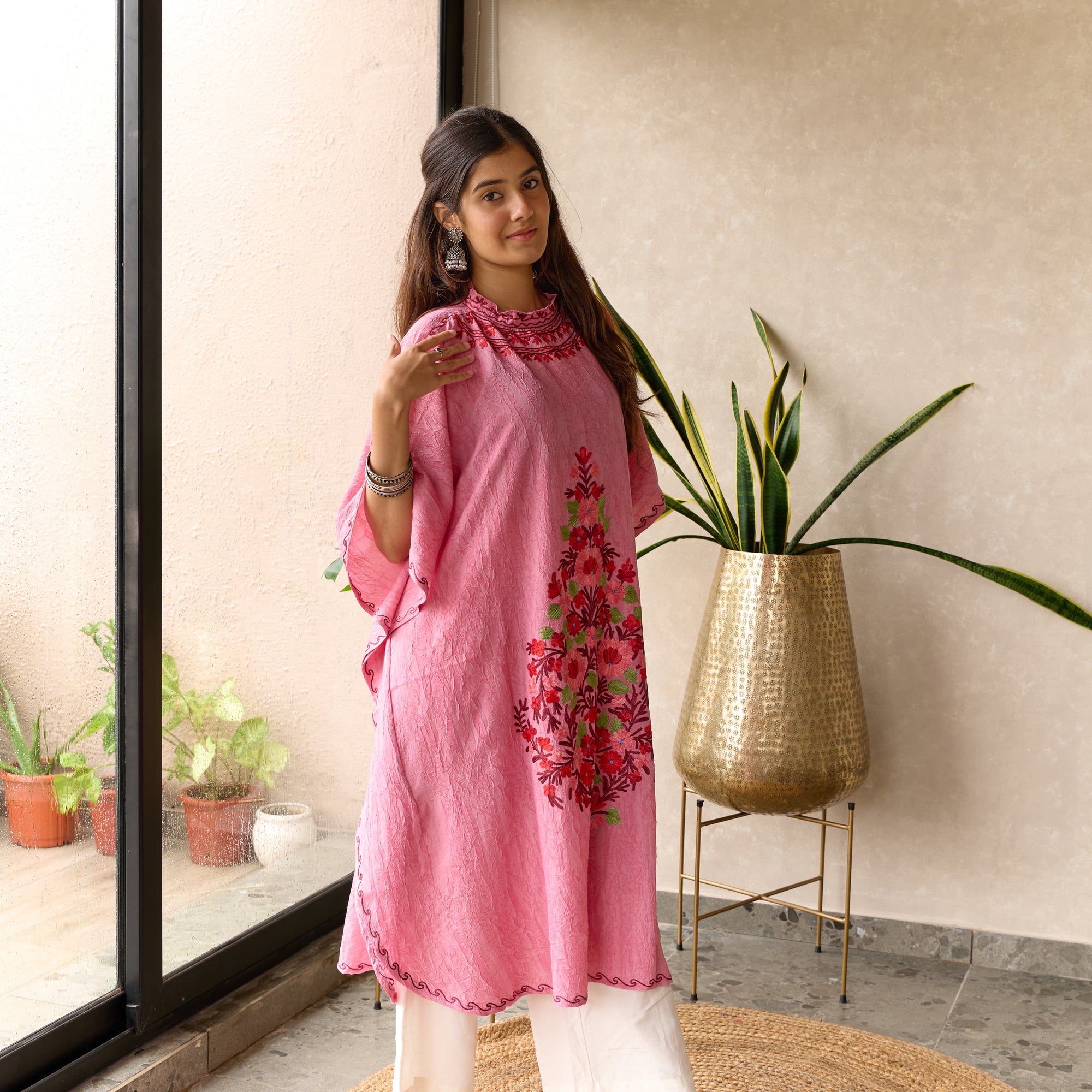 Pink Cotton Kashmiri Kaftan with Collar