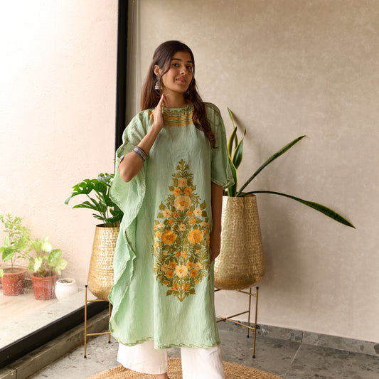 Green Cotton Kaftan with Collar