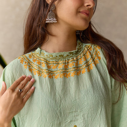 Green Cotton Kaftan with Collar
