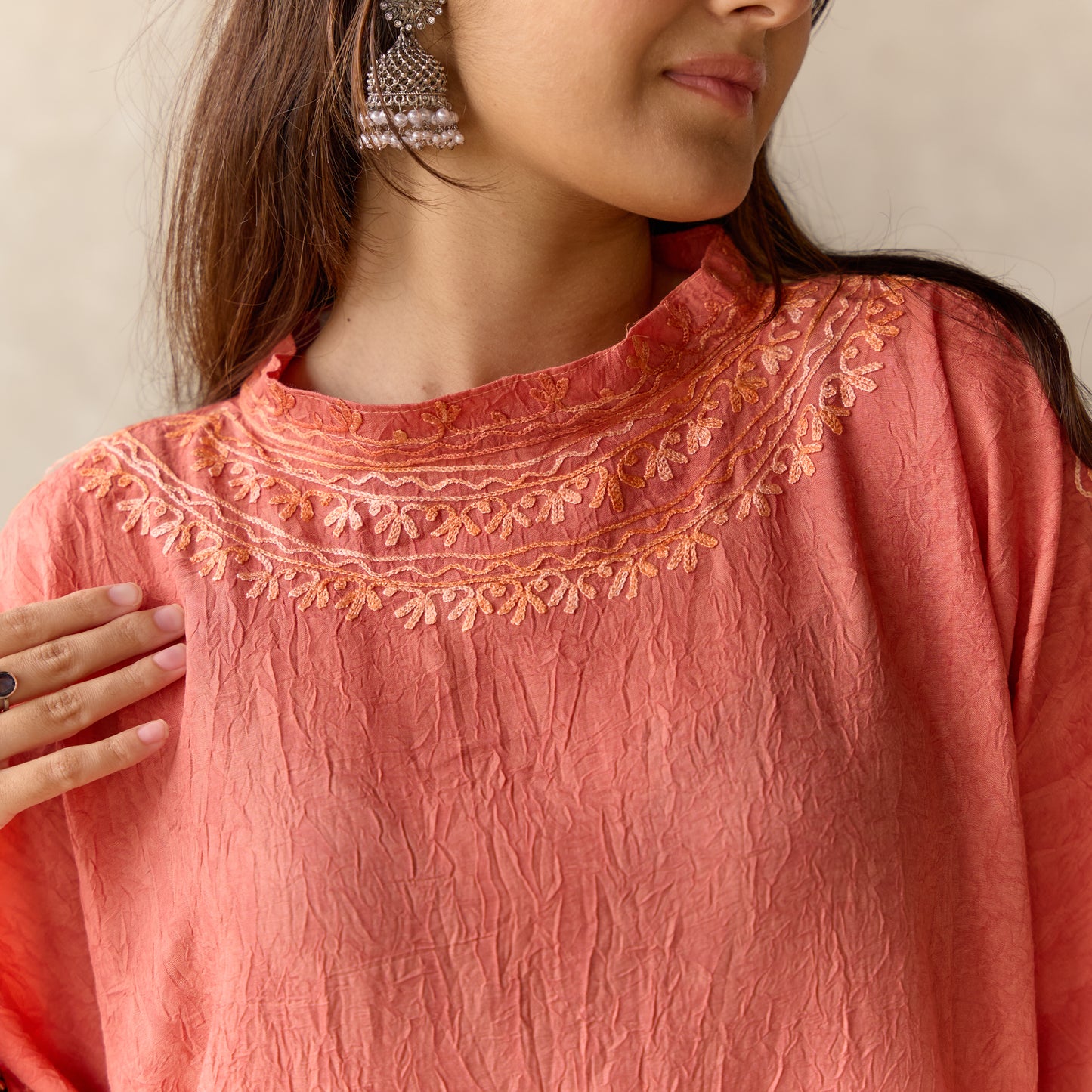 Carrot Orange Kashmiri Kaftan with Collar