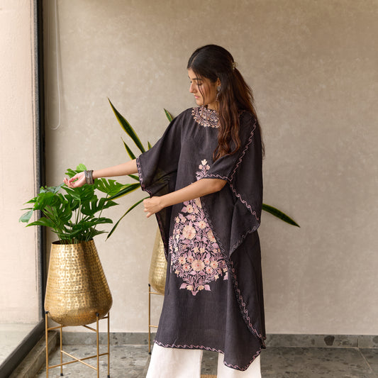 Black Cotton Collar Kashmiri Kaftan