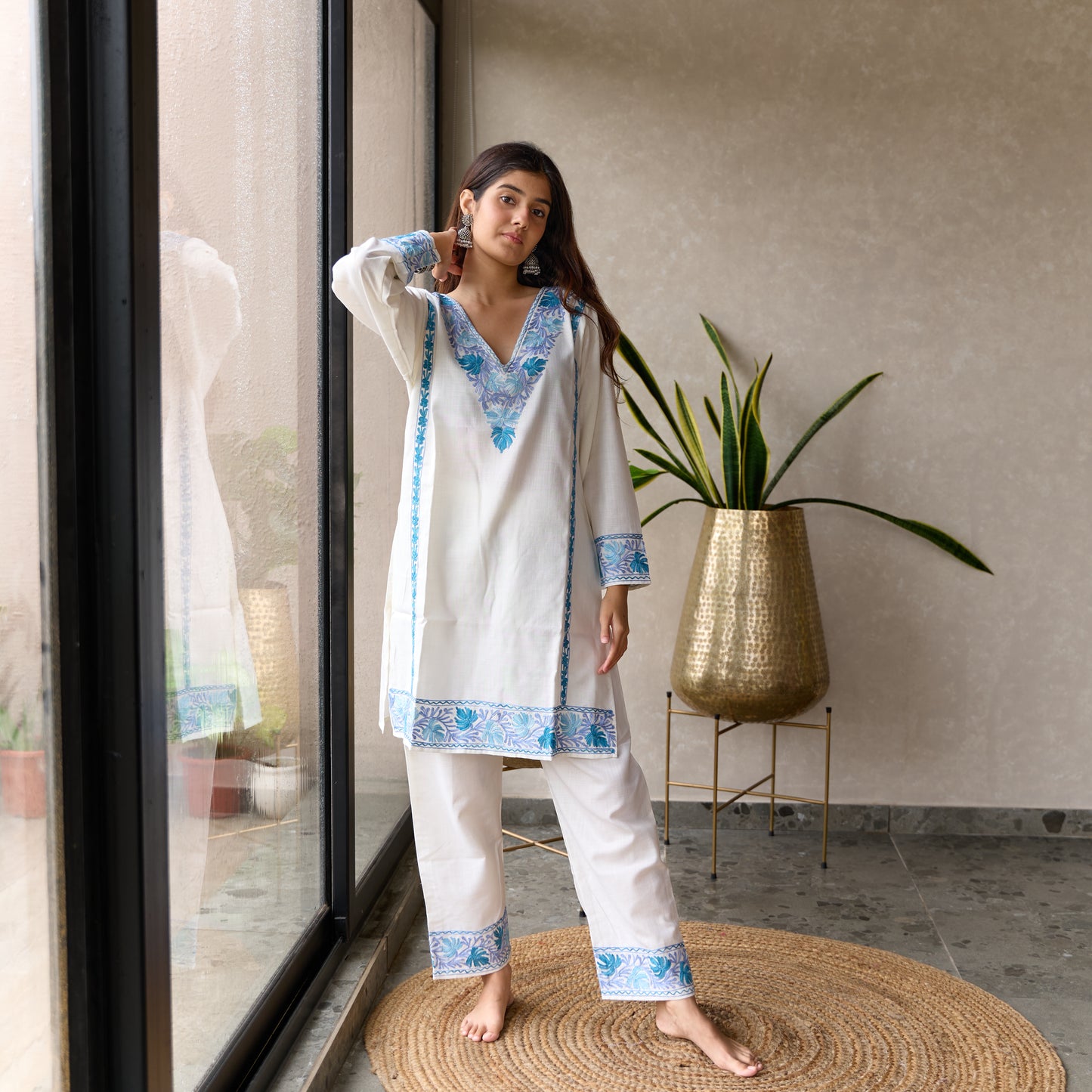 White and Blue Cotton Kashmiri Kurti Co-ord Set