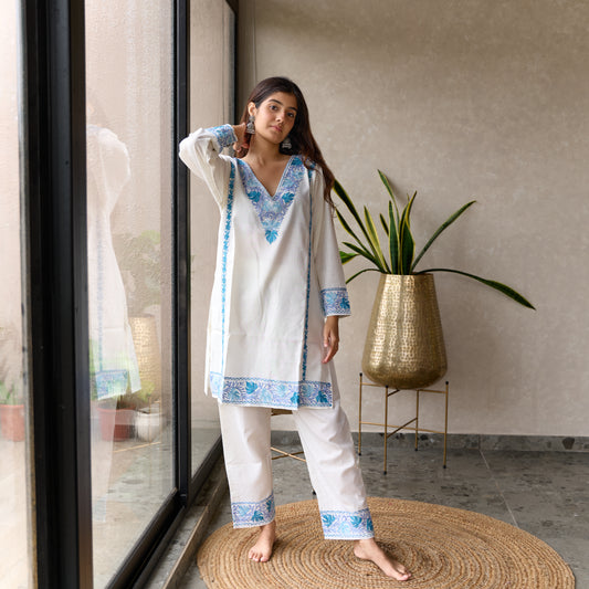 White and Blue Cotton Kashmiri Kurti Co-ord Set
