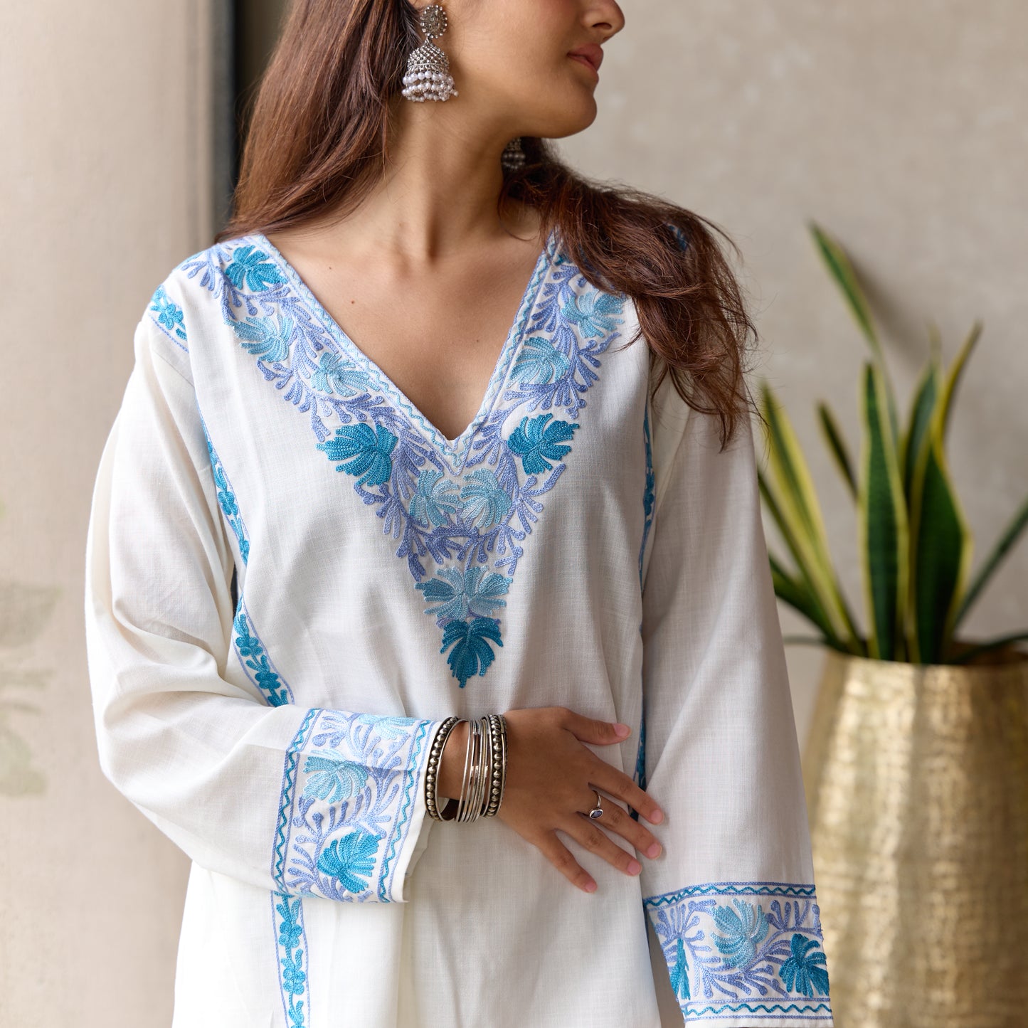 White and Blue Cotton Kashmiri Kurti Co-ord Set